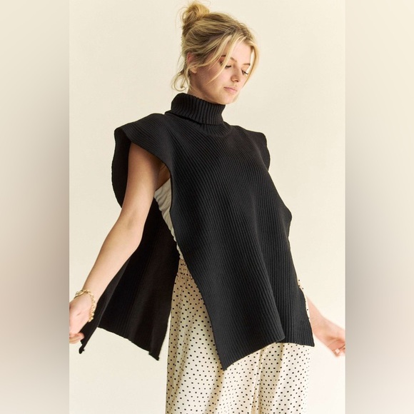 🟠 144B. Turtle Neck Side Slit Knit Pancho - Black - Picture 9 of 15